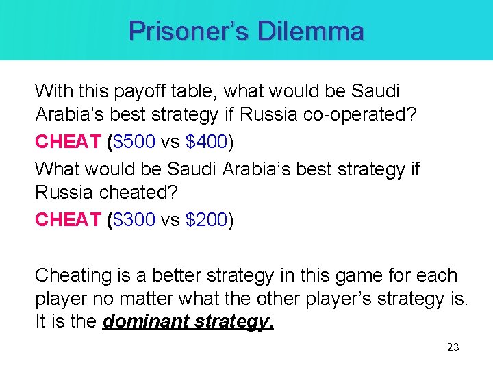 Prisoner’s Dilemma With this payoff table, what would be Saudi Arabia’s best strategy if Prisoner’s Dilemma With this payoff table, what would be Saudi Arabia’s best strategy if