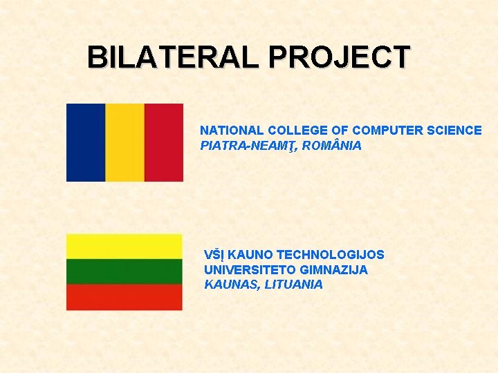 BILATERAL PROJECT NATIONAL COLLEGE OF COMPUTER SCIENCE PIATRA-NEAMŢ, ROM NIA VŠĮ KAUNO TECHNOLOGIJOS UNIVERSITETO