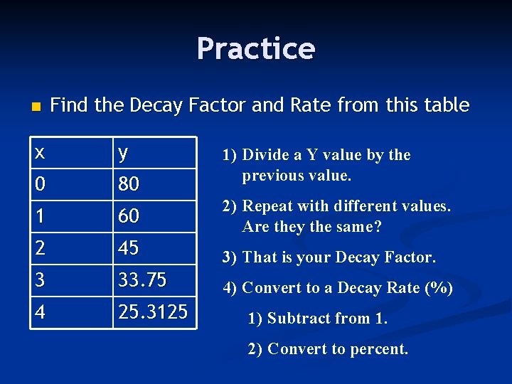 Practice n Find the Decay Factor and Rate from this table x y 0