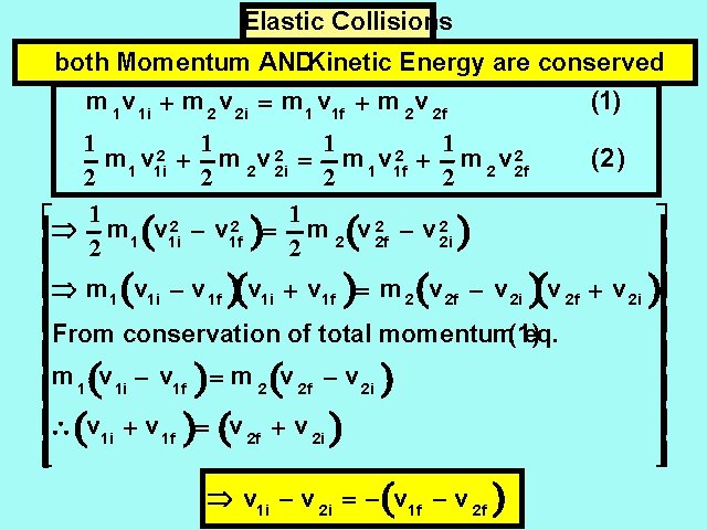 Elastic Collisions both Momentum ANDKinetic Energy are conserved m 1 v 1 i +