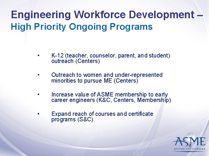 Engineering Workforce Development – High Priority Ongoing Programs • K-12 (teacher, counselor, parent, and Engineering Workforce Development – High Priority Ongoing Programs • K-12 (teacher, counselor, parent, and
