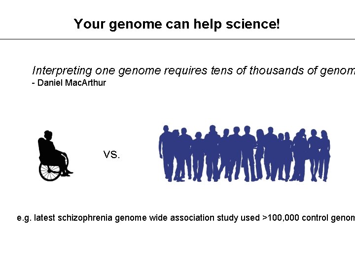 Your genome can help science! Interpreting one genome requires tens of thousands of genom