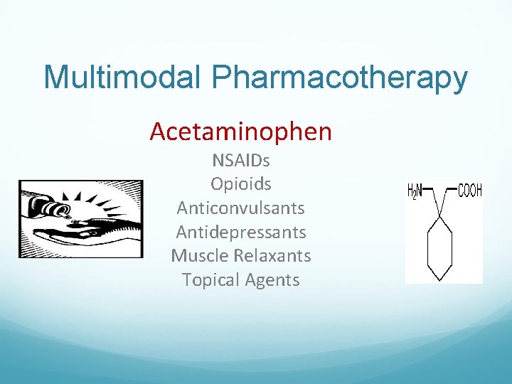 Multimodal Pharmacotherapy Acetaminophen NSAIDs Opioids Anticonvulsants Antidepressants Muscle Relaxants Topical Agents 