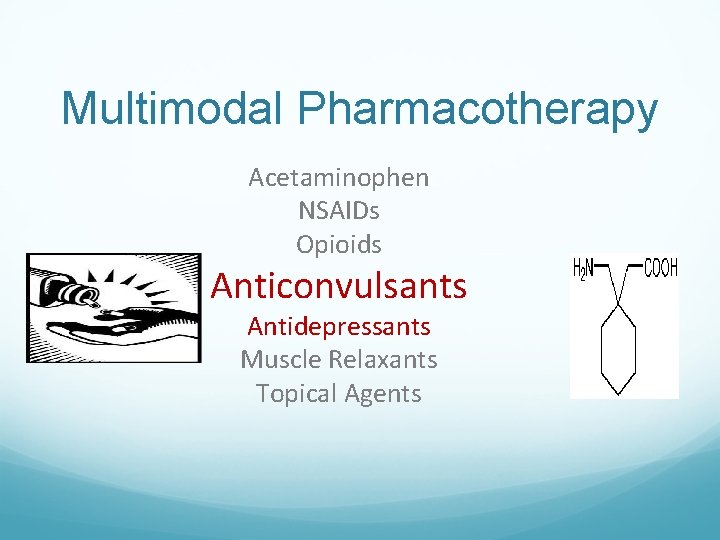 Multimodal Pharmacotherapy Acetaminophen NSAIDs Opioids Anticonvulsants Antidepressants Muscle Relaxants Topical Agents 