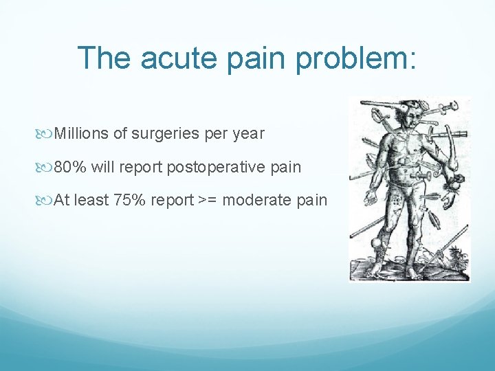 The acute pain problem: Millions of surgeries per year 80% will report postoperative pain