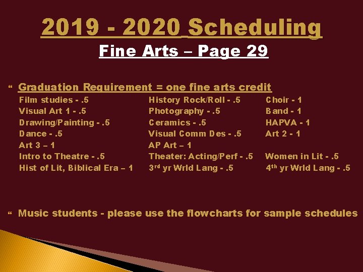2019 - 2020 Scheduling Fine Arts – Page 29 Graduation Requirement = one fine