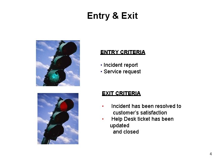 Entry & Exit ENTRY CRITERIA • Incident report • Service request EXIT CRITERIA •