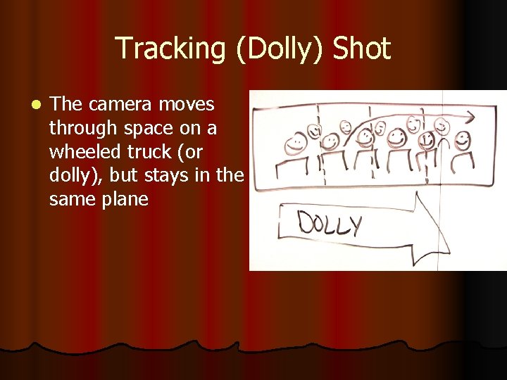 Tracking (Dolly) Shot l The camera moves through space on a wheeled truck (or