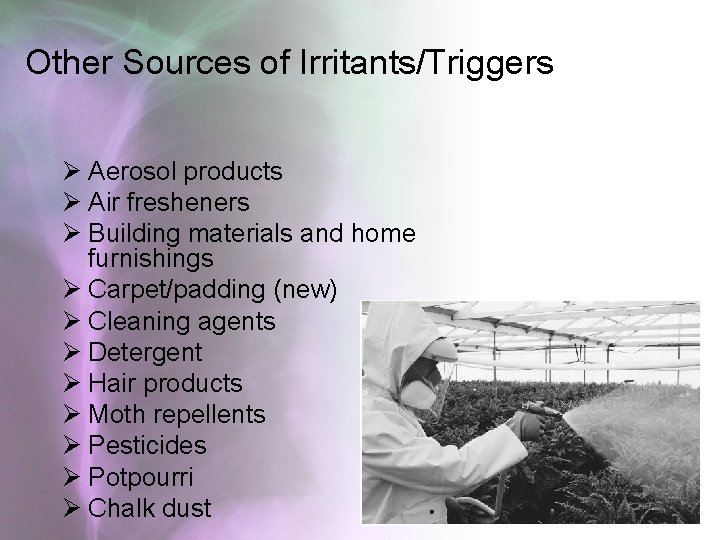 Other Sources of Irritants/Triggers Ø Aerosol products Ø Air fresheners Ø Building materials and