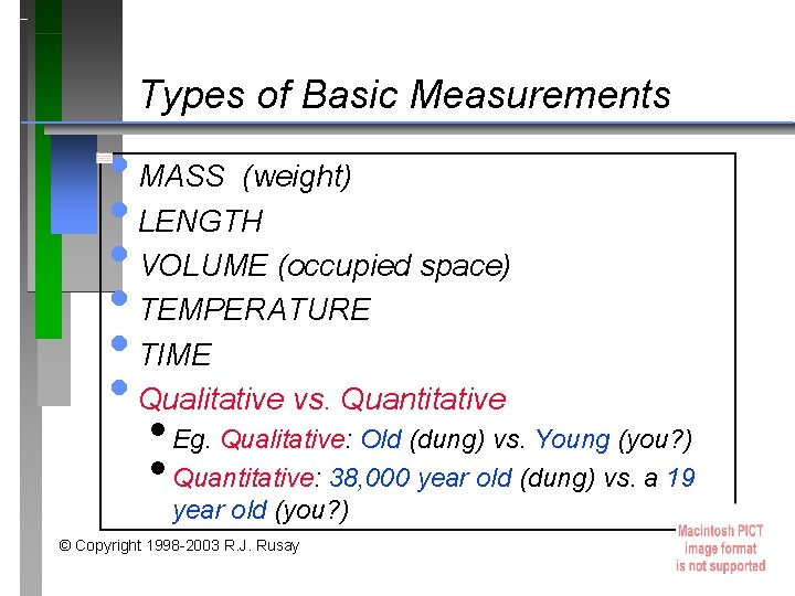 Types of Basic Measurements • MASS (weight) • LENGTH • VOLUME (occupied space) •