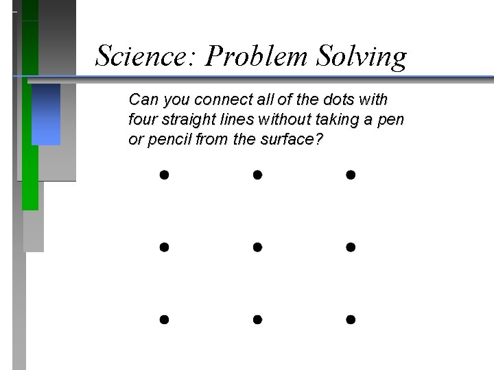 Science: Problem Solving Can you connect all of the dots with four straight lines