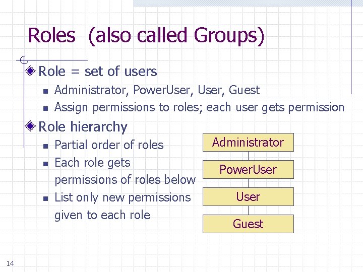 Roles (also called Groups) Role = set of users n n Administrator, Power. User,