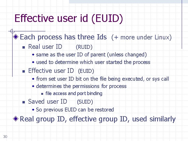 Effective user id (EUID) Each process has three Ids (+ more under Linux) n