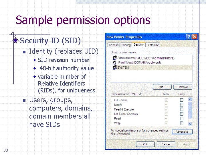 Sample permission options Security ID (SID) n Identity (replaces UID) w SID revision number