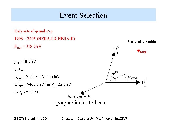 Event Selection Data sets e+ p and e p 1998 – 2005 (HERA I