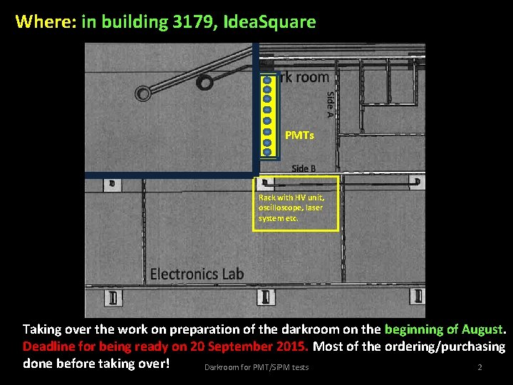 Where: in building 3179, Idea. Square PMTs Rack with HV unit, oscilloscope, laser system