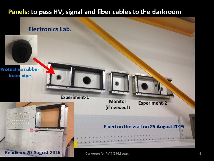 Panels: to pass HV, signal and fiber cables to the darkroom Protective rubber foam