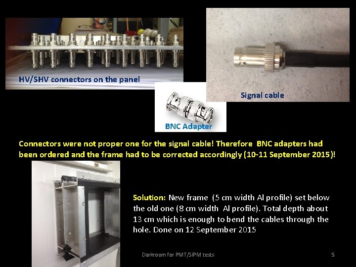 HV/SHV connectors on the panel Signal cable BNC Adapter Connectors were not proper one