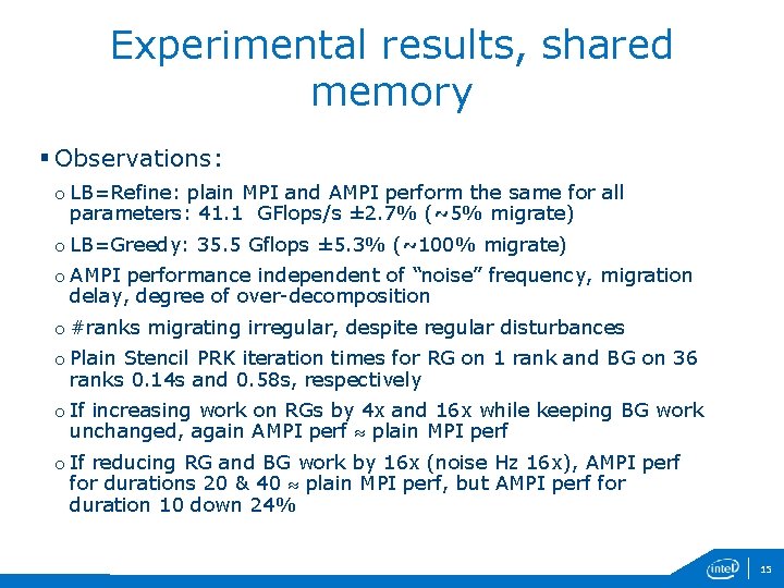 Experimental results, shared memory § Observations: o LB=Refine: plain MPI and AMPI perform the