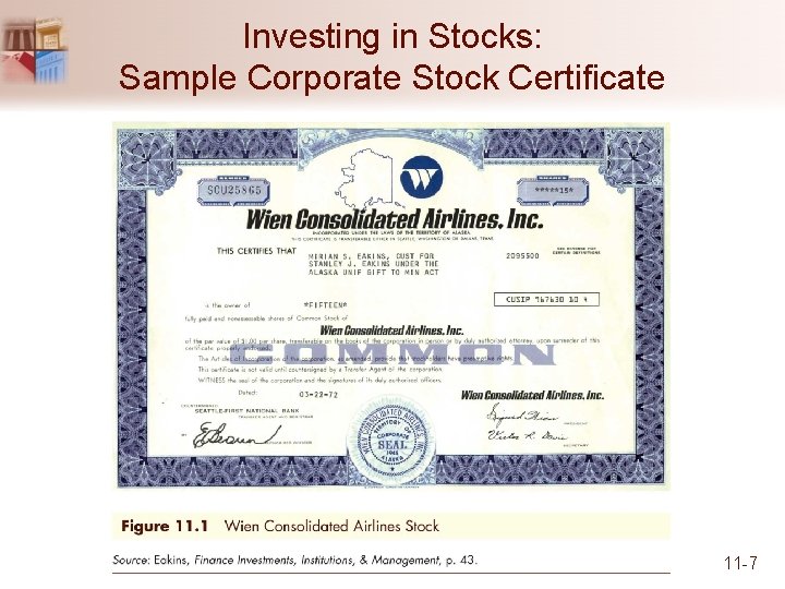 Investing in Stocks: Sample Corporate Stock Certificate 11 -7 