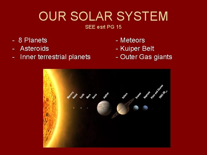 OUR SOLAR SYSTEM SEE esrt PG 15 - 8 Planets - Asteroids - Inner
