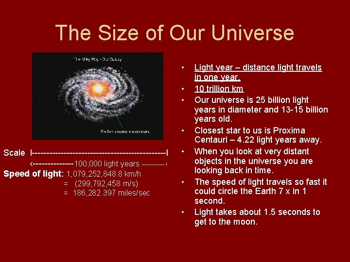 The Size of Our Universe • • Scale l-----------------------l ‹-------100, 000 light years -----›