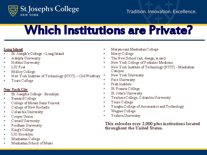 Which Institutions are Private? Long Island • St. Joseph’s College – Long Island •