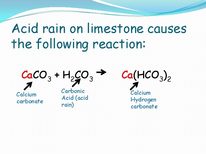 Acid rain on limestone causes the following reaction: Ca. CO 3 + H 2