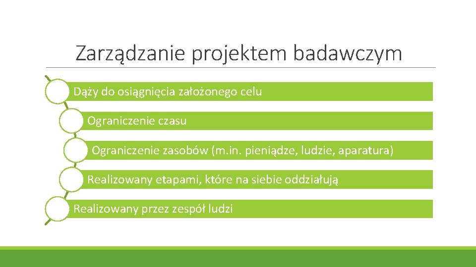 Zarządzanie projektem badawczym Dąży do osiągnięcia założonego celu Ograniczenie czasu Ograniczenie zasobów (m. in. Zarządzanie projektem badawczym Dąży do osiągnięcia założonego celu Ograniczenie czasu Ograniczenie zasobów (m. in.