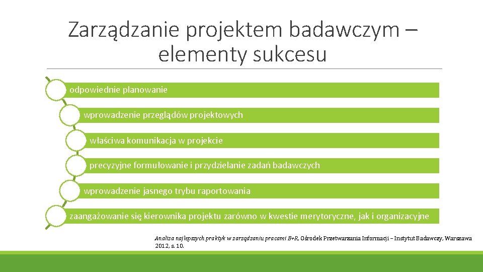 Zarządzanie projektem badawczym – elementy sukcesu odpowiednie planowanie wprowadzenie przeglądów projektowych właściwa komunikacja w