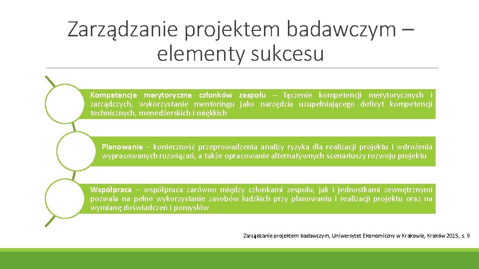 Zarządzanie projektem badawczym – elementy sukcesu Kompetencje merytoryczne członków zespołu – łączenie kompetencji merytorycznych