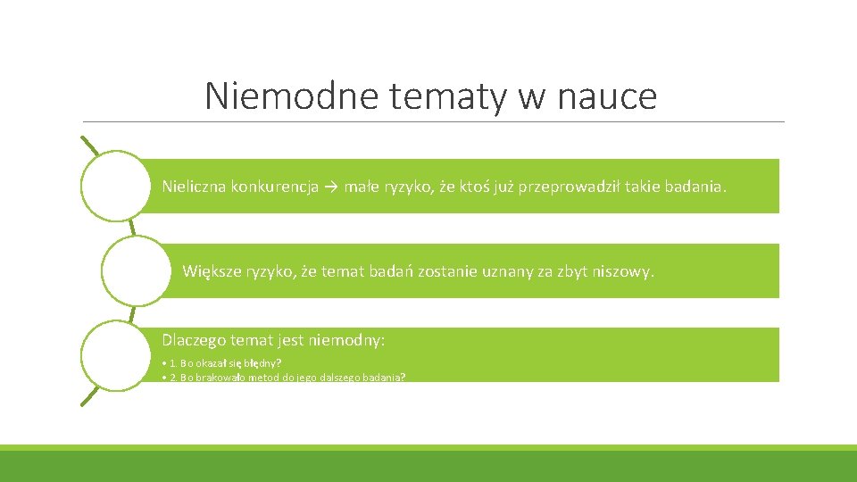 Niemodne tematy w nauce Nieliczna konkurencja → małe ryzyko, że ktoś już przeprowadził takie