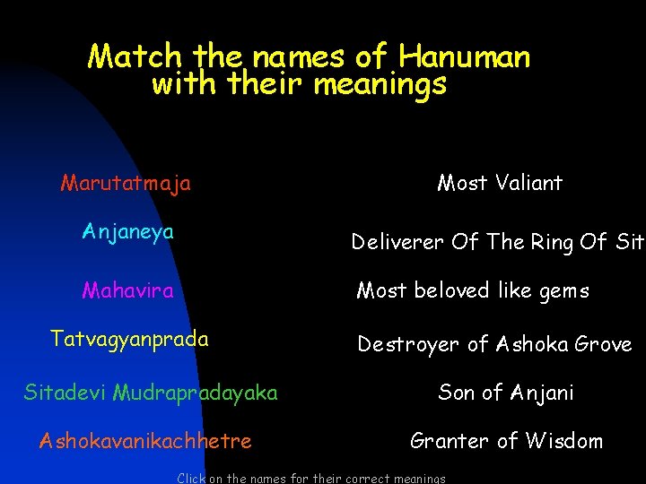 Match the names of Hanuman with their meanings Marutatmaja Most Valiant Anjaneya Deliverer Of Match the names of Hanuman with their meanings Marutatmaja Most Valiant Anjaneya Deliverer Of