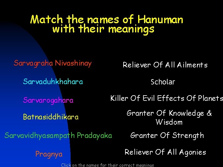Match the names of Hanuman with their meanings Sarvagraha Nivashinay Reliever Of All Ailments Match the names of Hanuman with their meanings Sarvagraha Nivashinay Reliever Of All Ailments