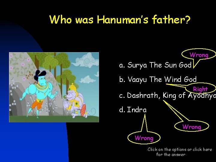Who was Hanuman’s father? Wrong a. Surya The Sun God b. Vaayu The Wind Who was Hanuman’s father? Wrong a. Surya The Sun God b. Vaayu The Wind
