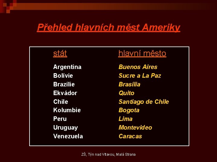 Přehled hlavních měst Ameriky stát hlavní město Argentina Bolívie Brazílie Ekvádor Chile Kolumbie Peru