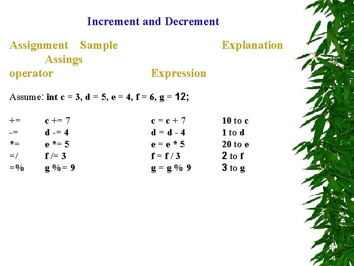 Increment and Decrement Assignment Sample Assings operator Explanation Expression Assume: int c = 3,