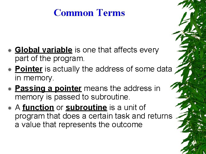 Common Terms Global variable is one that affects every part of the program. Pointer