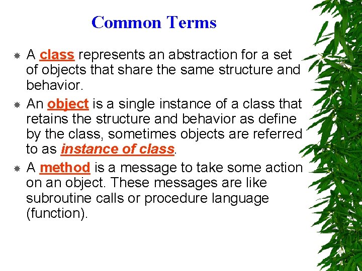 Common Terms A class represents an abstraction for a set of objects that share