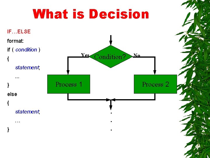 What is Decision IF…ELSE format: if ( condition ) { statement; . . .