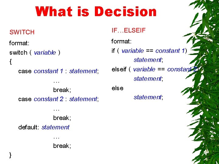 What is Decision SWITCH format: switch ( variable ) { case constant 1 :