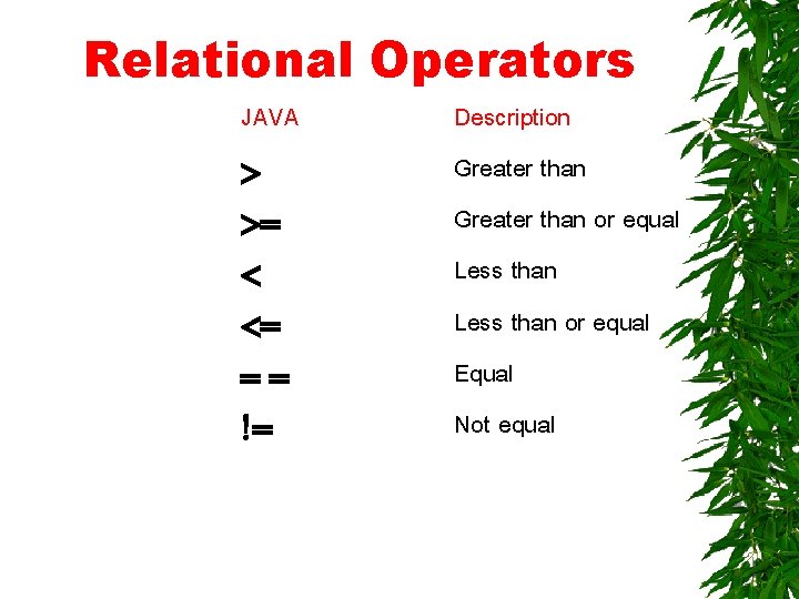 Relational Operators JAVA > >= < <= == != Description Greater than or equal