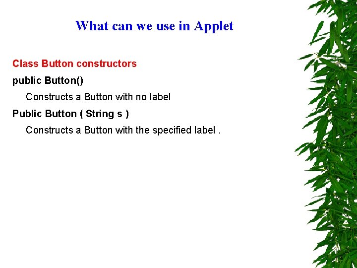 What can we use in Applet Class Button constructors public Button() Constructs a Button