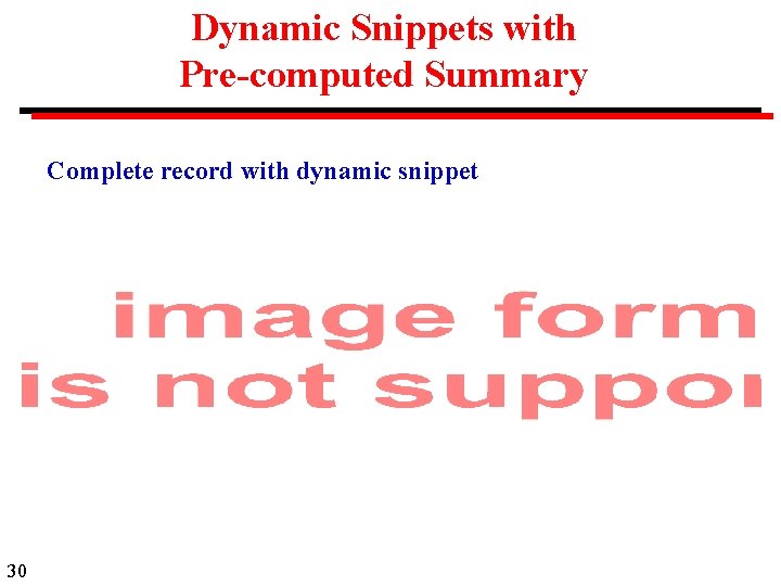 Dynamic Snippets with Pre-computed Summary Complete record with dynamic snippet 30 