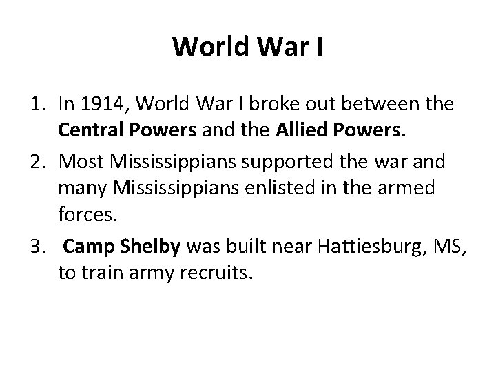 World War I 1. In 1914, World War I broke out between the Central