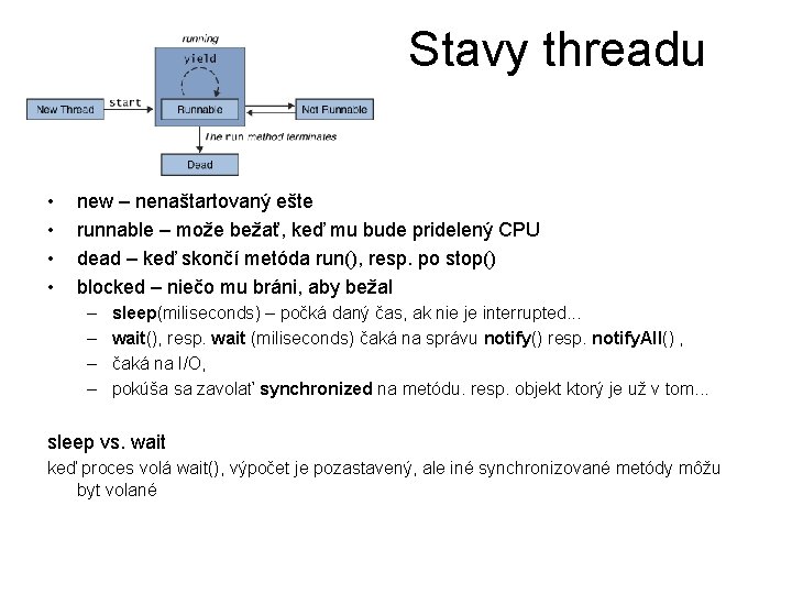 Stavy threadu • • new – nenaštartovaný ešte runnable – može bežať, keď mu