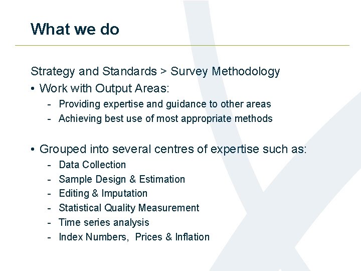What we do Strategy and Standards > Survey Methodology • Work with Output Areas: