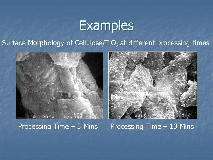 Examples Surface Morphology of Cellulose/Ti. O 2 at different processing times Processing Time –