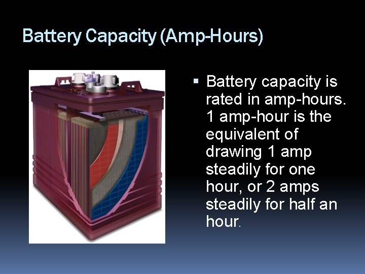 Battery Capacity (Amp-Hours) Battery capacity is rated in amp-hours. 1 amp-hour is the equivalent