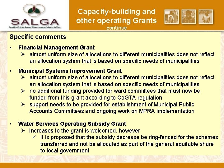 Capacity-building and other operating Grants continue Specific comments • Financial Management Grant Ø almost